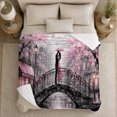 thumbnail image 4 of Romantic Couple On A Pink Blossom Bridge, Cozy Flannel Blanket with Romantic Painterly Cityscape Print, Housewarming Gift for Romantic Cityscape Admirers, Home Decor for Bedroom and Living Room, 4 of 7
