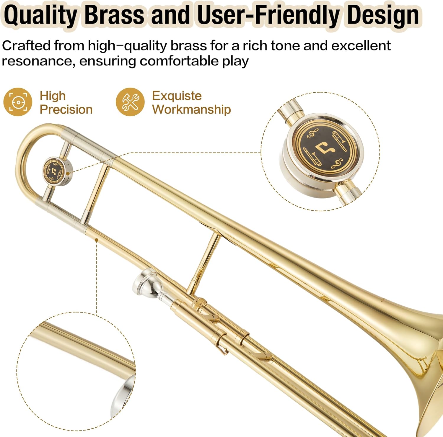 B-Flat Alto Trombone, Nickel-Plated Brass with Mouthpiece, Case, Cleaning Cloth, Gloves & Cleaning Rod, Professional Trombone for Beginners and Musicians