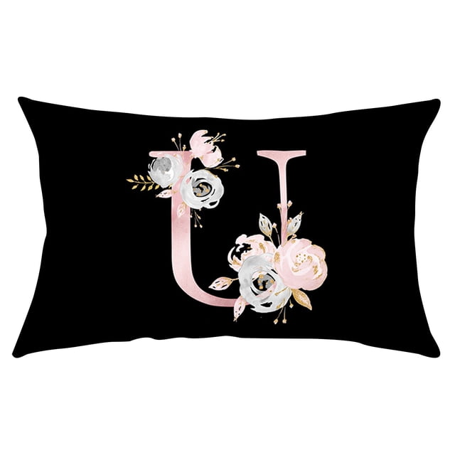 Fiudx Funda de Almohada Floral, Elegante Diseño Del Alfabeto Inglés, Suave Poliéster Color Melocotón, Ideal para Sofá Cama, Sillón, Aspecto Acogedor y Moderno, Tamaño 50 X 30 Cm, Ideal Como Regalo.