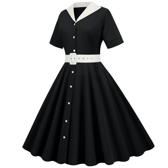 QIPOPIQ 1950 Women Dress Midi Shirt Dress Cocktail Dress with Belt Summer Clearance