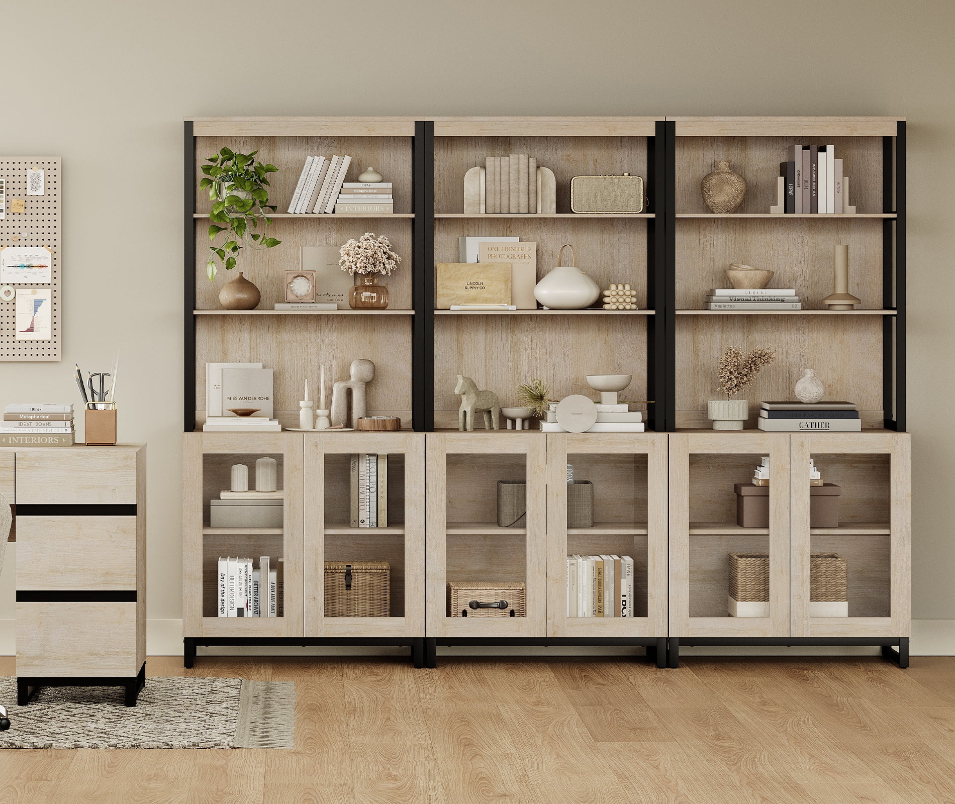 WAMPAT 3-Piece Modern 72" Tall Library Bookcases with Glass Doors & Adjustable Shelves, Wood Bookshelves with Storage Cabinet & Open Shelves for Home Office & Living Room, Beige