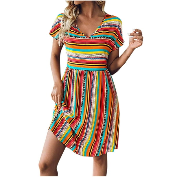 Vestido de Manga Corta para las Mujeres, V-Cuello Estilo Bohemio Impresión Empalme Rodilla Vestido de Longitud, Casual