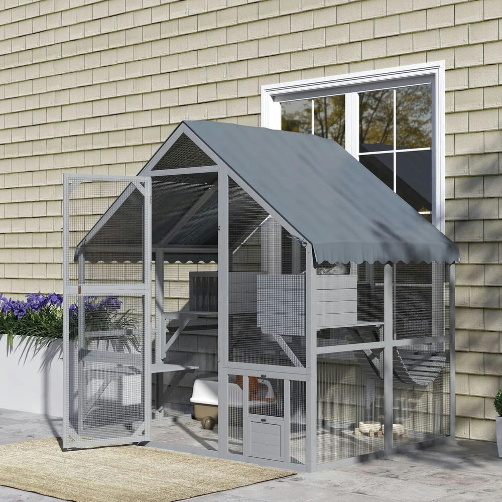 Topcobe Wooden Catio Outdoor Cat Enclosure with Waterproof Cover, 2 Condos, 4 Platforms, Bridge, Doors, Outdoor Wooden Feral Cat Shelter, Gray