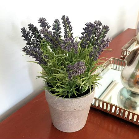 Realistic Faux Long Leaf Lush Lavender (Lavandula) in a Stone Effects Pot, 5 7/8D x 6 3/4H