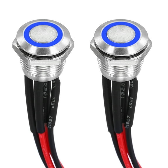 Uxcell 1/2 Inch Stainless Steel Momentary Push Button Switch Flat Head 3A 12-24V with Pre-soldered Blue LED Ring Light 1NO, 2Pcs