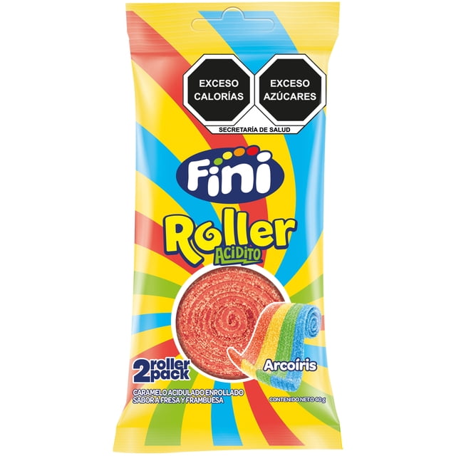 Caramelo enrollado Fini Roller Acidito sabor fresa y frambuesa 40g en presentación 2 pack con dos rollos de caramelo ácido en colores arcoíris, ideales para botanear o compartir como snack dulce y acidito en la despensa de postres.