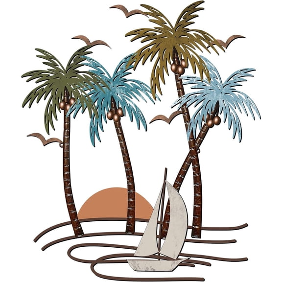 Coastal Metal Wall Art Palm Tree Metal Wall Art Outdoor Beach Bathroom Decor Tropical Tree Sculptures for Indoor Outdoor Decor(Sailboat)