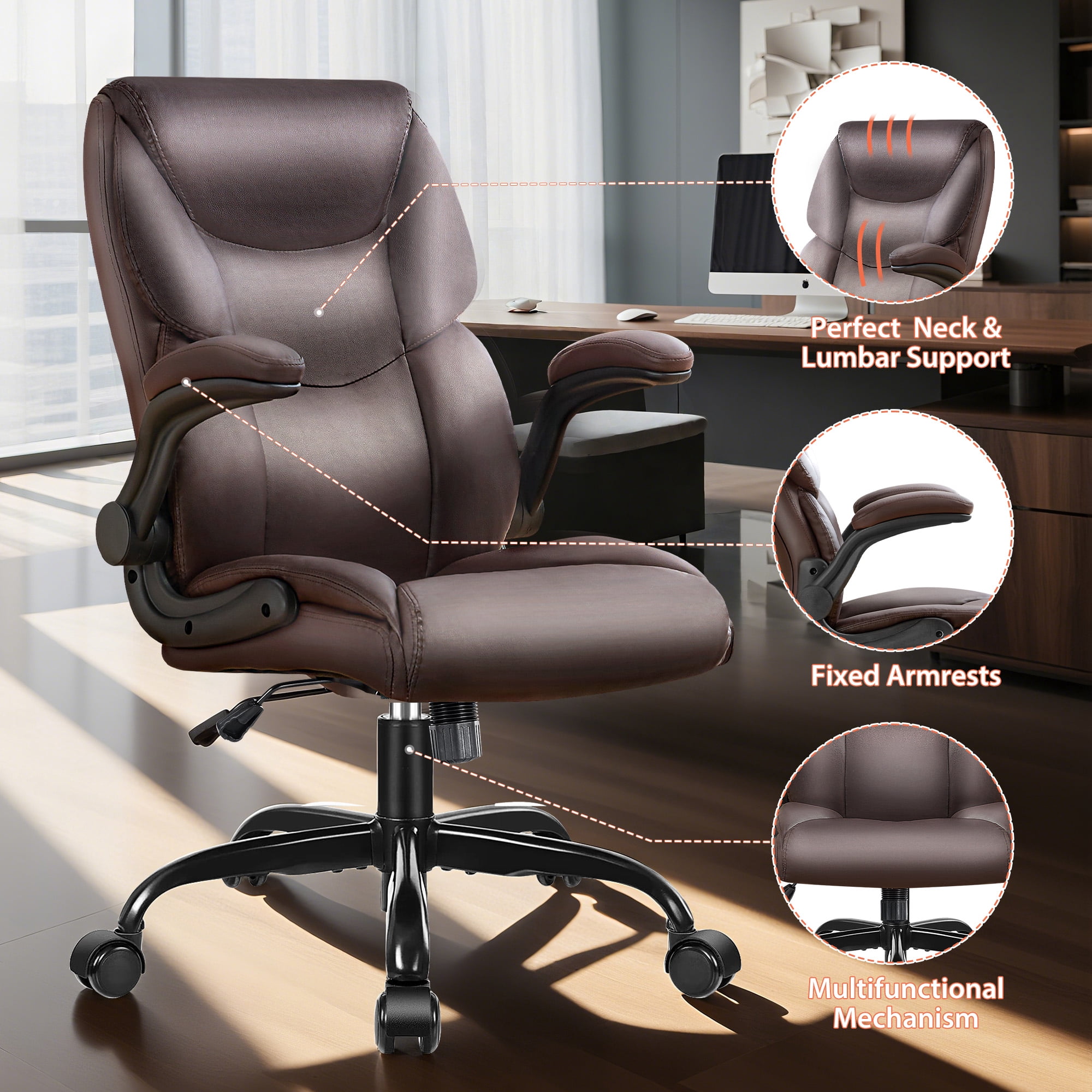 JONPONY Leather Office Chair, Big and Tall Office Chair 400LBS Wide Seat Ergonomic Computer Desk Chair High Back Executive Leather Chair Adjustable Task Chair, Brown