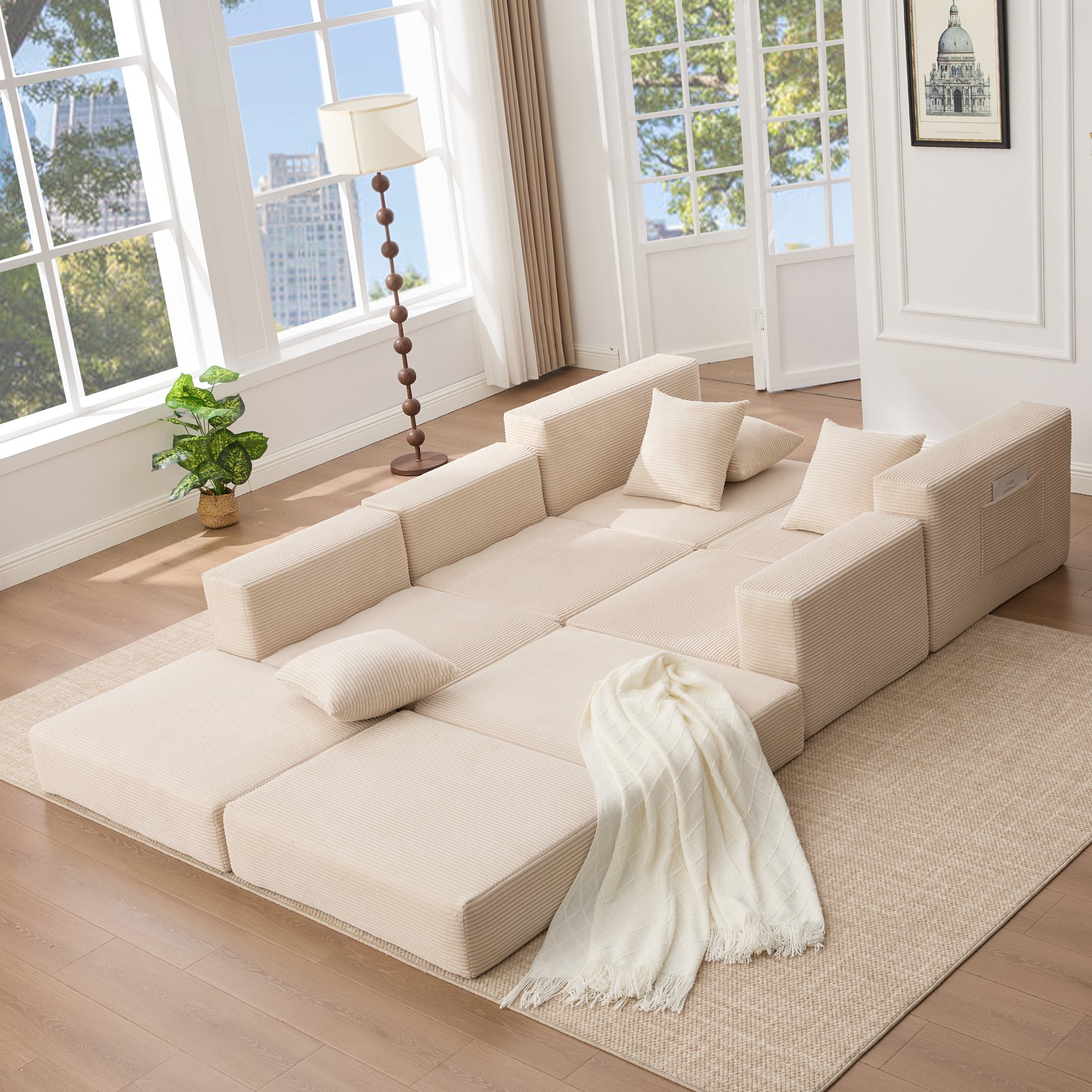 Leumius Convertible Sectional Sofa,Corner Couch,Convertible Floor Sleeper Sofa,10-in-1 Corduroy Modular Sofa,Free Combination Sofa,No Assembly,6 Pillows,Beige