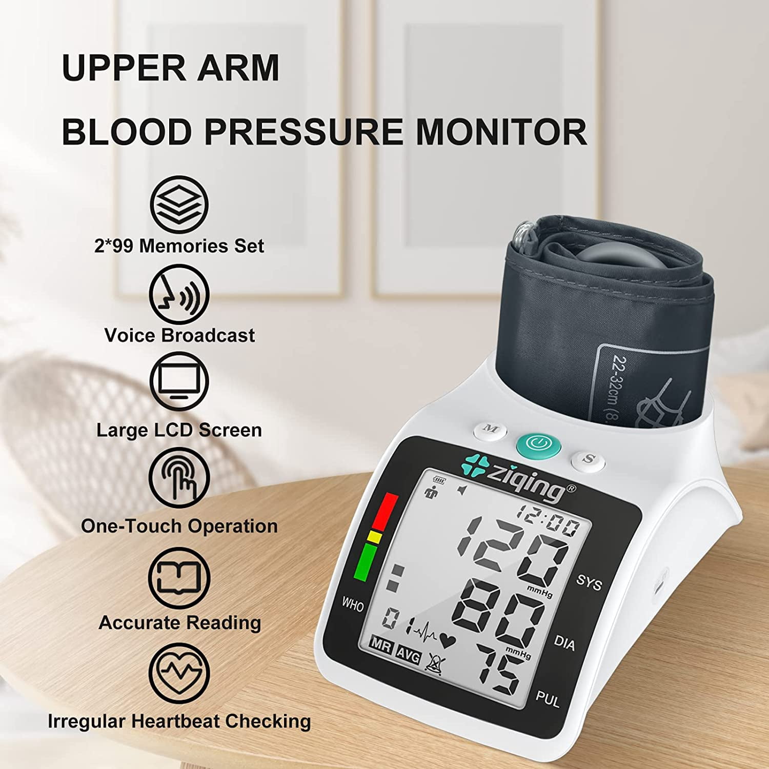 ZIQING Automatic Digital Upper Arm Blood Pressure Monitor with Large LED Display & Adjustable Extra Large Cuff