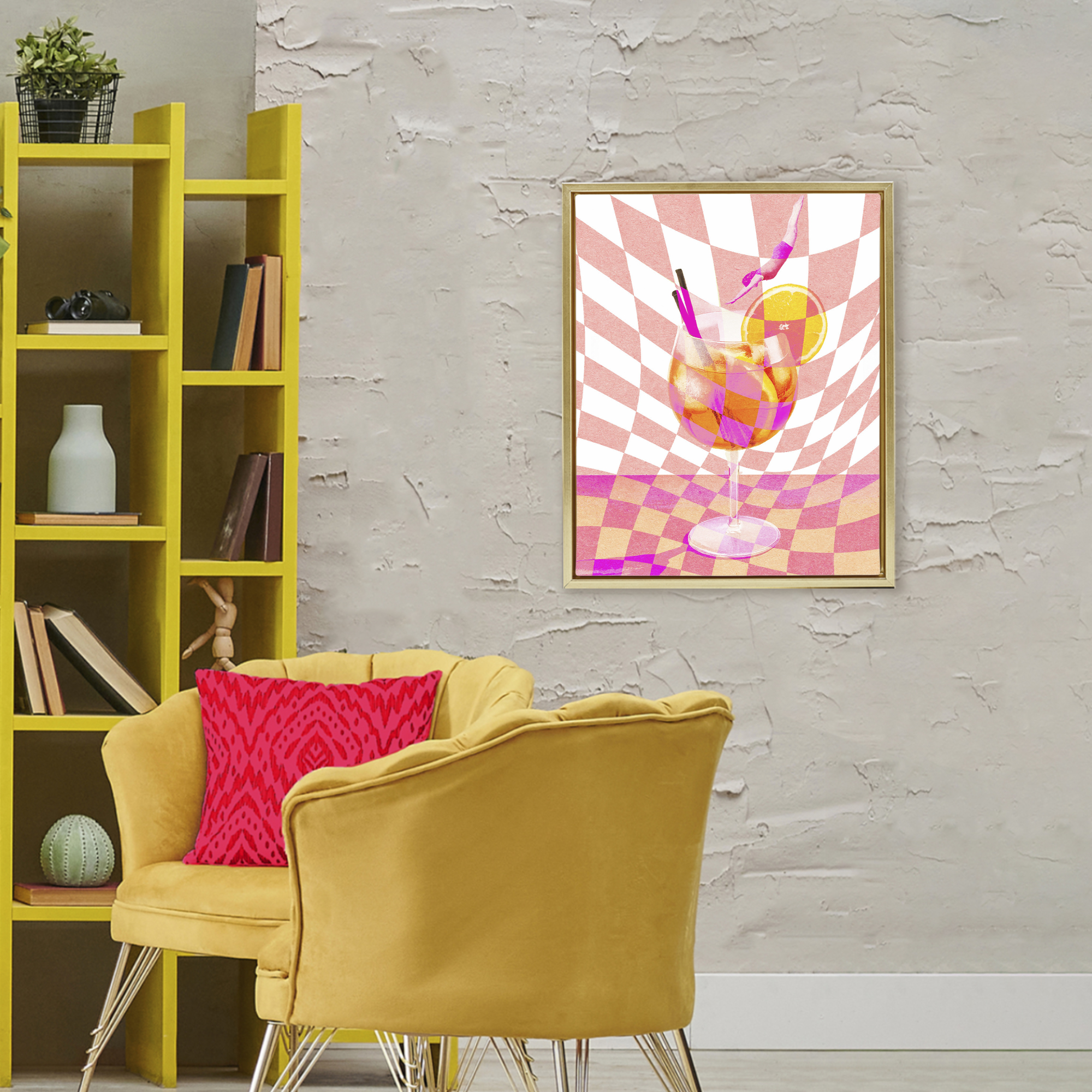 Retro Checkered Summer Cocktail Gold Framed Floater Canvas Wall Art, design by Lil' Rue