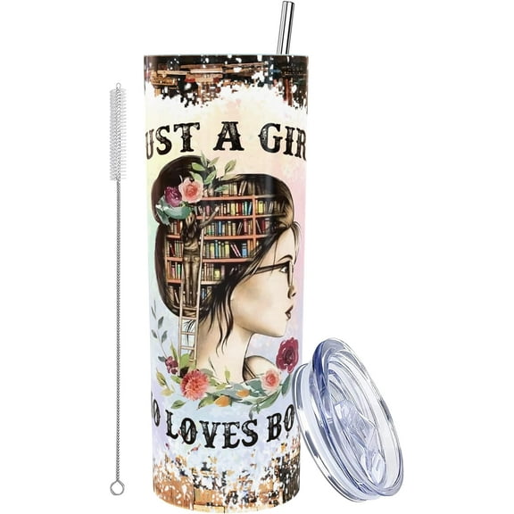 Librarian Gifts For Women, Book Lover Travel Coffee Mugs, Book Themed Gifts, Book Reader Gifts For Woman, Bookish Gifts for Woman, Just A Girl Who Loves Books Tumbler with Lid and Straw