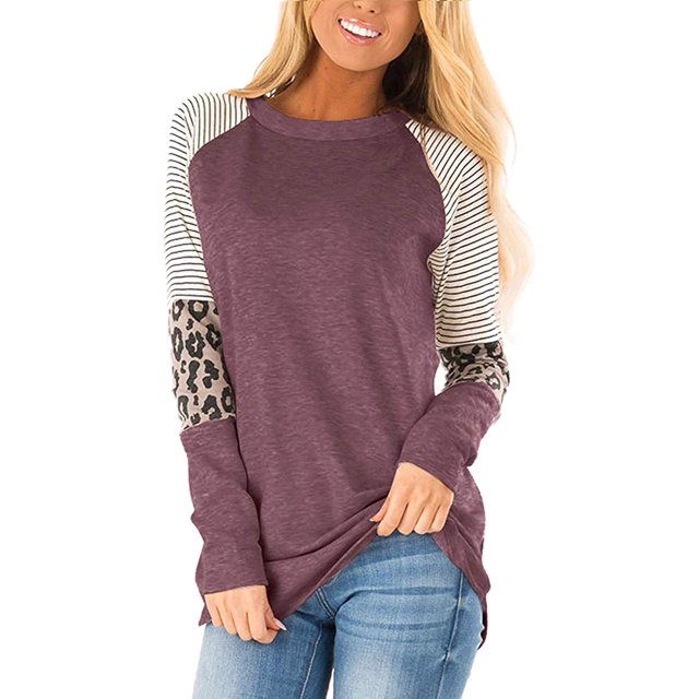 Womens Color Block Long Sleeve Leopard Print Tops Round Neck Striped Loose Casual Shirts Tunic Tops