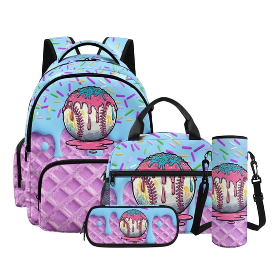 Xoenoiee Baseball Ice Cream Print Backpack with Lunch Box Pencil Case Water Bottle Sleeve Set for Kids Drip Design Elementary Preschool School Bookbag 4-in-1 Student Back Pack Satchel Travel Daypack