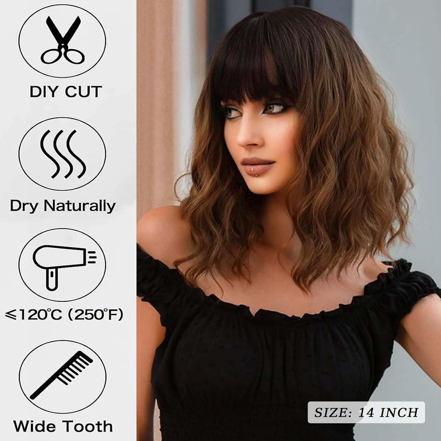 SUCS Black Wavy Wig with Bangs Soft Short Bob Wigs for Women Synthetic Shoulder Length Women's Curly Wigs