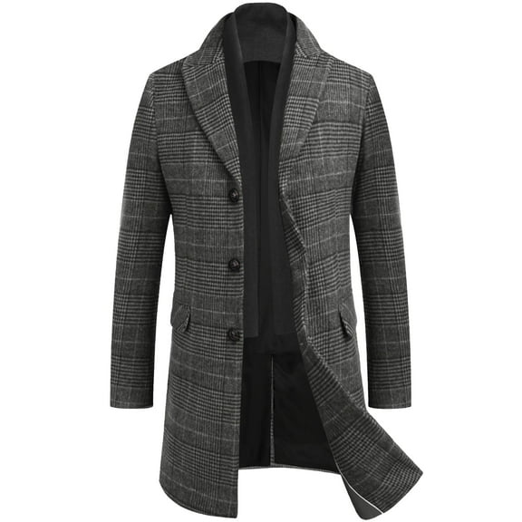 COOFANDY Men's Detachable Plaid Scarfs Wool Blend Coat - Notched Collar Single Breasted Pea Trench Overcoat