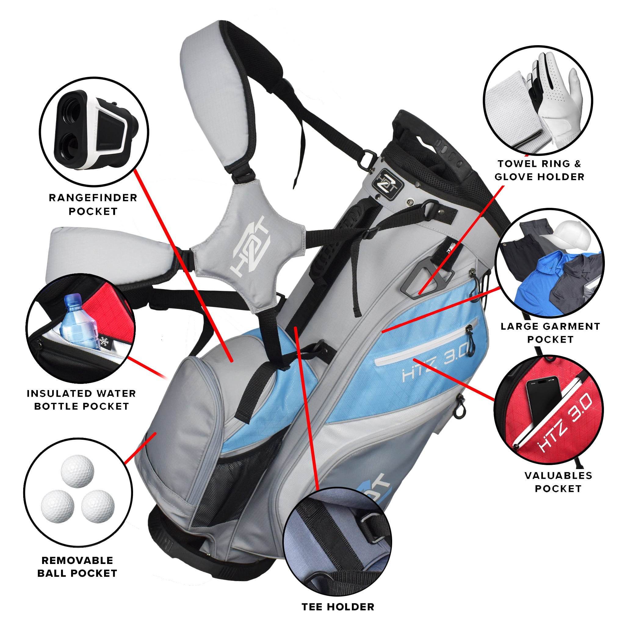 Hot-Z Golf Ladies 3.0 Stand Bag Grey/Light Blue/White
