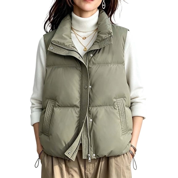 Cmfcve Women's Plus Size Stand Collar Puffer Vest Snap Zip Front Sleeveless Padded Outer Vest Winter Casual Loose Fit Layering Outerwear Jackets with Pockets