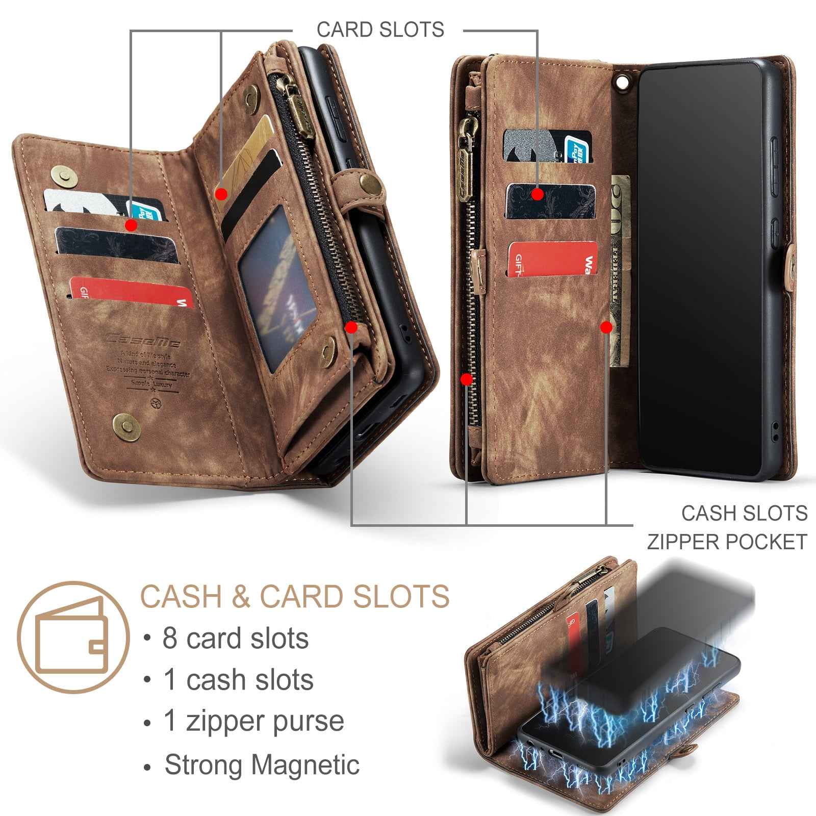 Feishell Durable 2- In-1 Magnetic Detachable Wallet Case for Samsung Galaxy A52 4G/5G,for Women Men,Premium PU Leather Zipper Pocket Flip Multi Card Slots Purse Phone Case with Wrist Strap,Darkbrown
