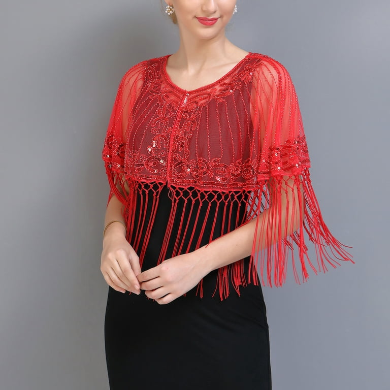 Womens Sequin 1920s Style Capelet Bolero Jacket Cover Up Shawl Shrugs With Tassel
