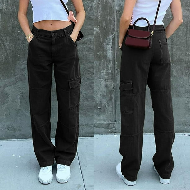 WILLBEST Pantalones Mujer Pantalones Vaqueros de Pierna Ancha para Mujer, Pantalones Cargo Rectos Casuales Con Bolsillos, Pantalones Elásticos Cómodos para Uso Diario Chica