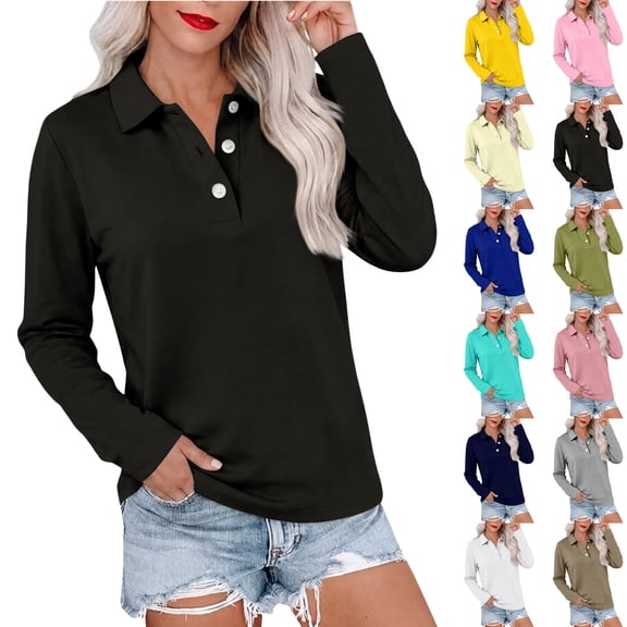 Hearthz Polo Shirt Women 3 Button Womens Long Sleeve Shirt Relaxed Fit Solid Color T Shirts for Women Uniform Tops for Women Light Brown XL