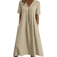 thumbnail image 2 of Danhjin Women's Summer Short Sleeve Linen Flowy V Neck Dress Casual Loose A-Line Midi Long Beach With Hem Dress Vacation Outfits Wrinkle-Free, 2 of 5