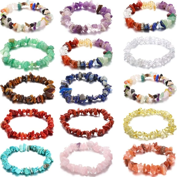LiangJiang 15 Pieces Natural Gemstone Bracelets Irregular Chips Beads Stretch Bracelets Spiritual Healing Chakra Crystal Jewelry for Women