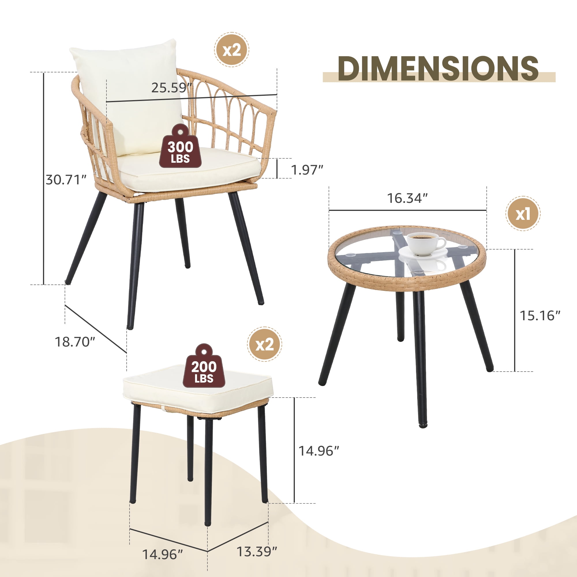 FHFO 5 Piece Patio Bistro Set, Outdoor Wicker Furniture, Rattan Table & Chairs Set with Cushions (Yellow/Beige)