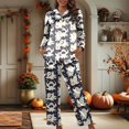 thumbnail image 4 of Halloween Pajamas Women Theme Full Printed 2 Pc Long Sleeve Pocket Button Down Lapel Shirts Loose Casual Pants Cozy Fall Winter Silk Nightwear Comfy Women's Loungewear Sets Black S, 4 of 6
