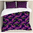 thumbnail image 1 of Floral Duvet Cover Set Queen Size, Clutter of Violet Tone Flowers in Retro Style, Decorative 3 Piece Bedding Set with 2 Pillow Shams, Dark Purple Dark Magenta Olive Green Earth Yellow, by Ambesonne, 1 of 3