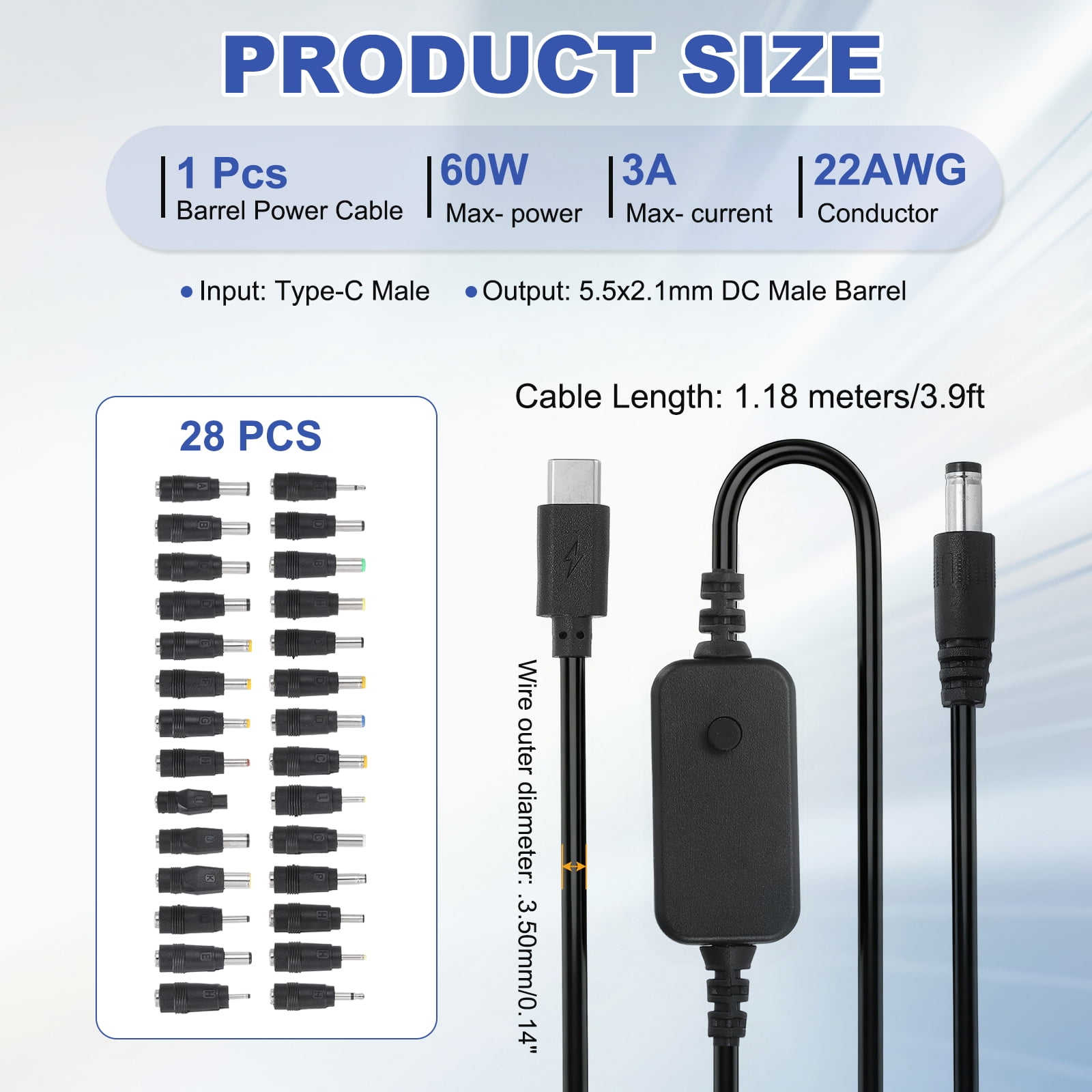 USB C to DC PD Adapter with 28 Connector Tips, 1.18m/3.9ft 5V 9V 12V 15V 20V PD Trigger Cable Type-C to DC Power Cable Charger Converter for Routers, Laptop, Speaker