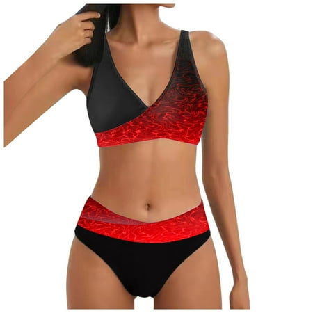 QYZEU Women s Bikini Swimsuits Color Block Bikini Swimsuit High Waist Bikini Bottom Two Piece V Neck Bathing Suit Breathable Comfort Lightweight Swimwear Red L