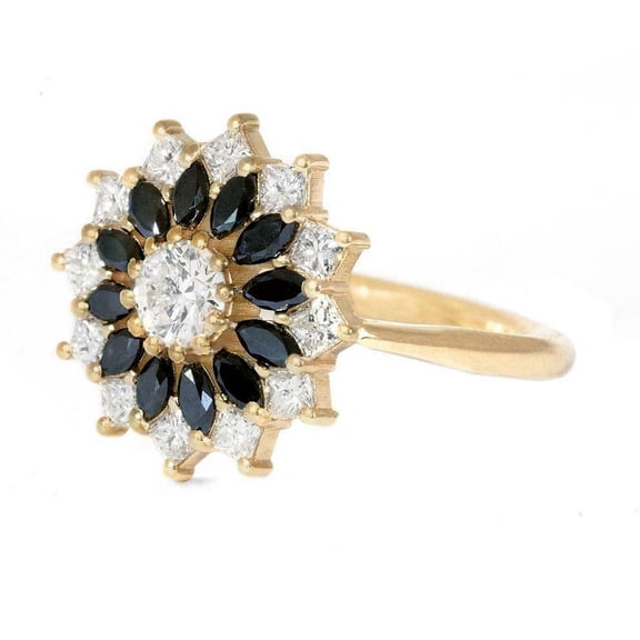HeartsAndYou 2.2ct Round Cut Black & White Moissanite Flower Cluster Ring 18k Yellow Gold over Silver
