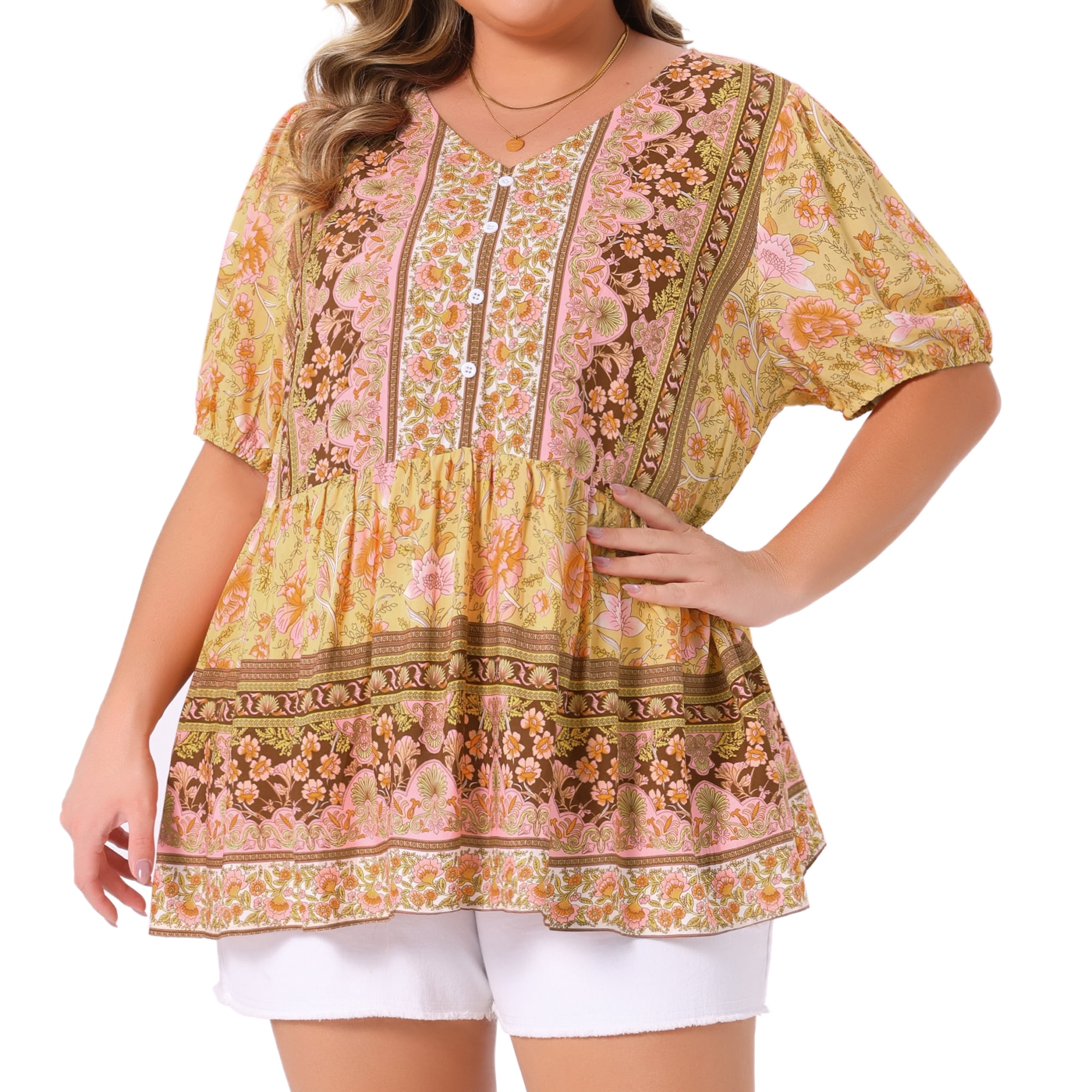 Women's Plus Boho Floral Print V Neck Short Sleeve Summer Blouses 3X Yellow