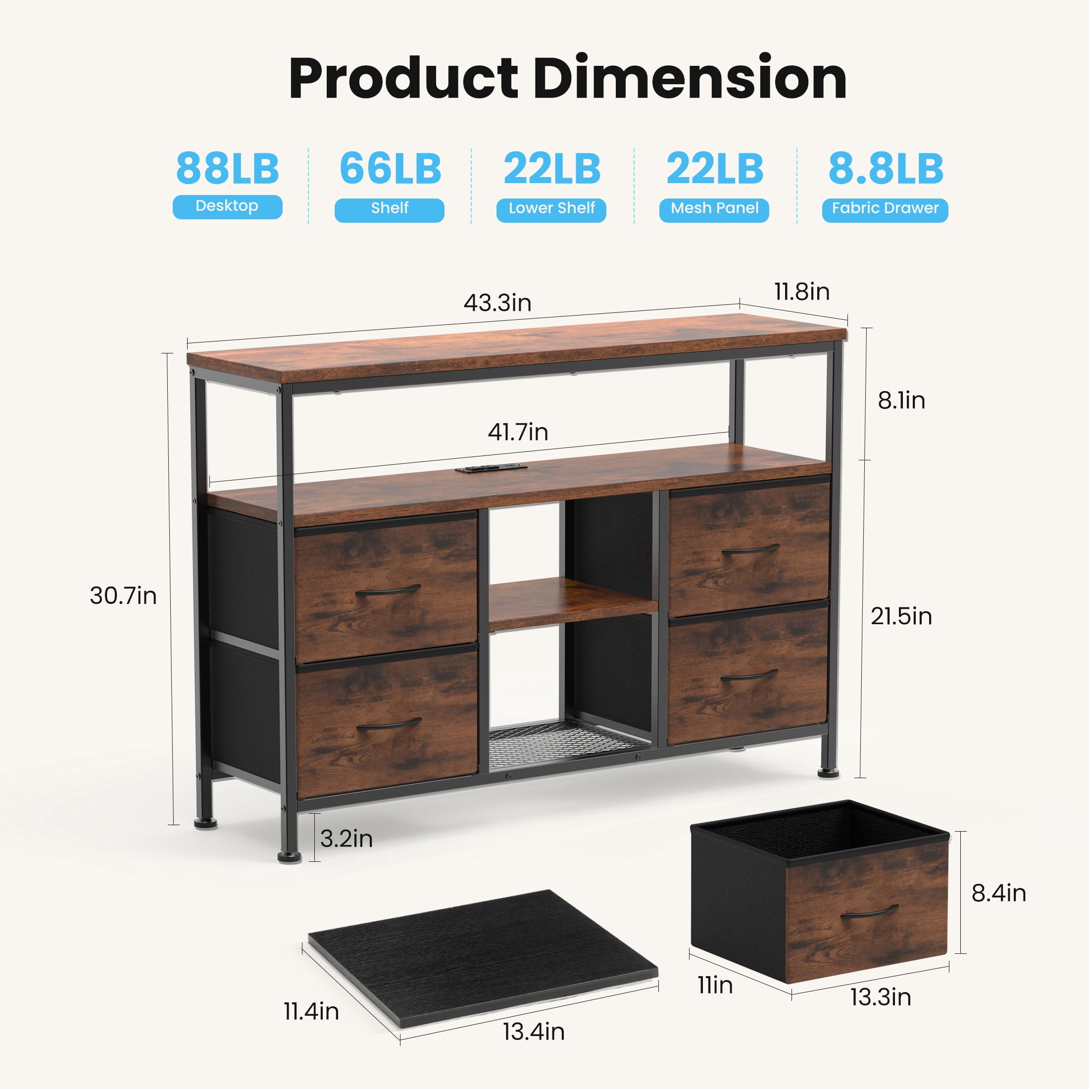MCQ 43" TV Stand with 4 Fabric Drawers, Built-in Outlet - Perfect for Living Room and Bedroom, Rust