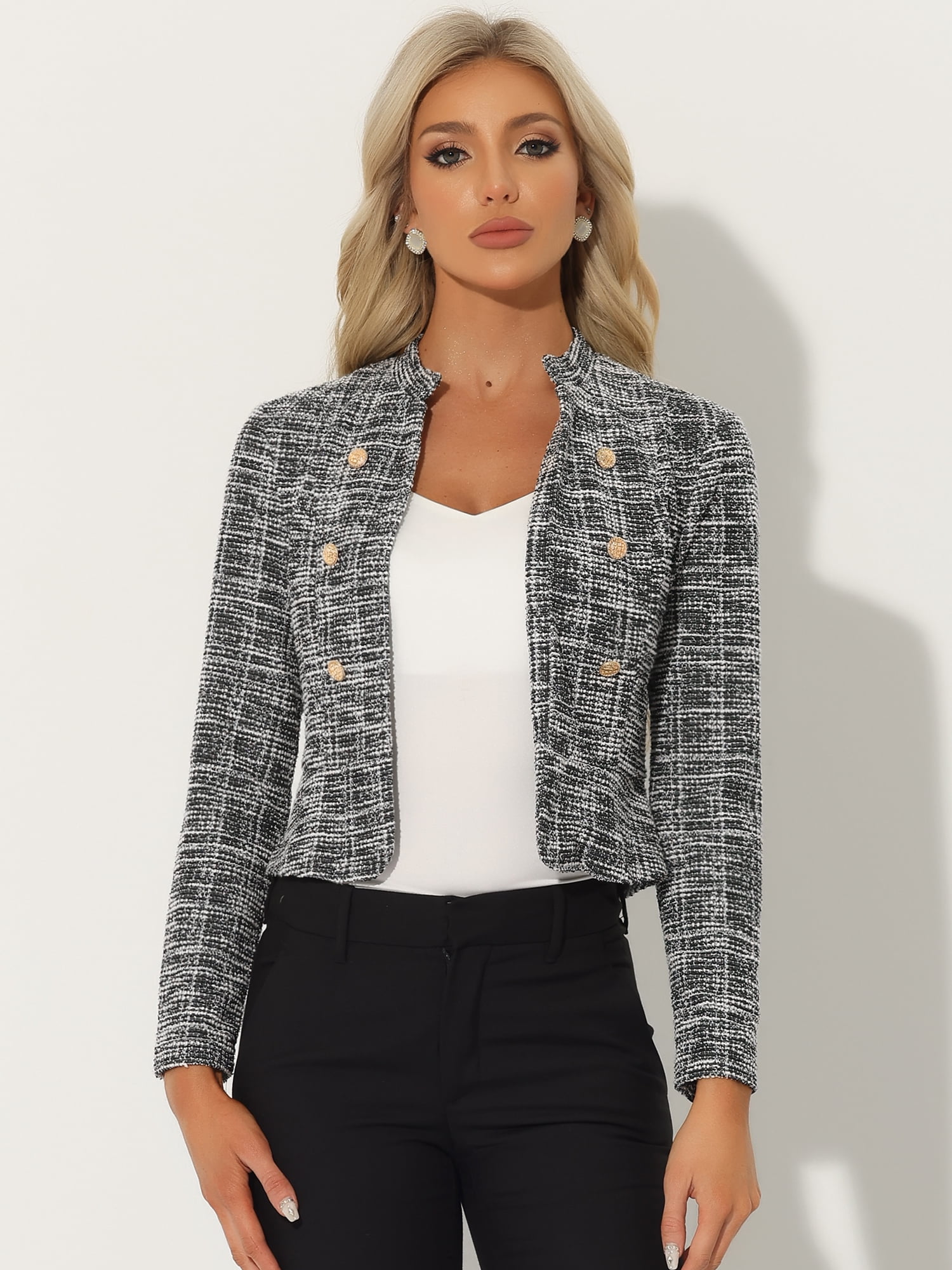 DARING DIVA Women's Elegant Stand Collar Business Plaid Tweed