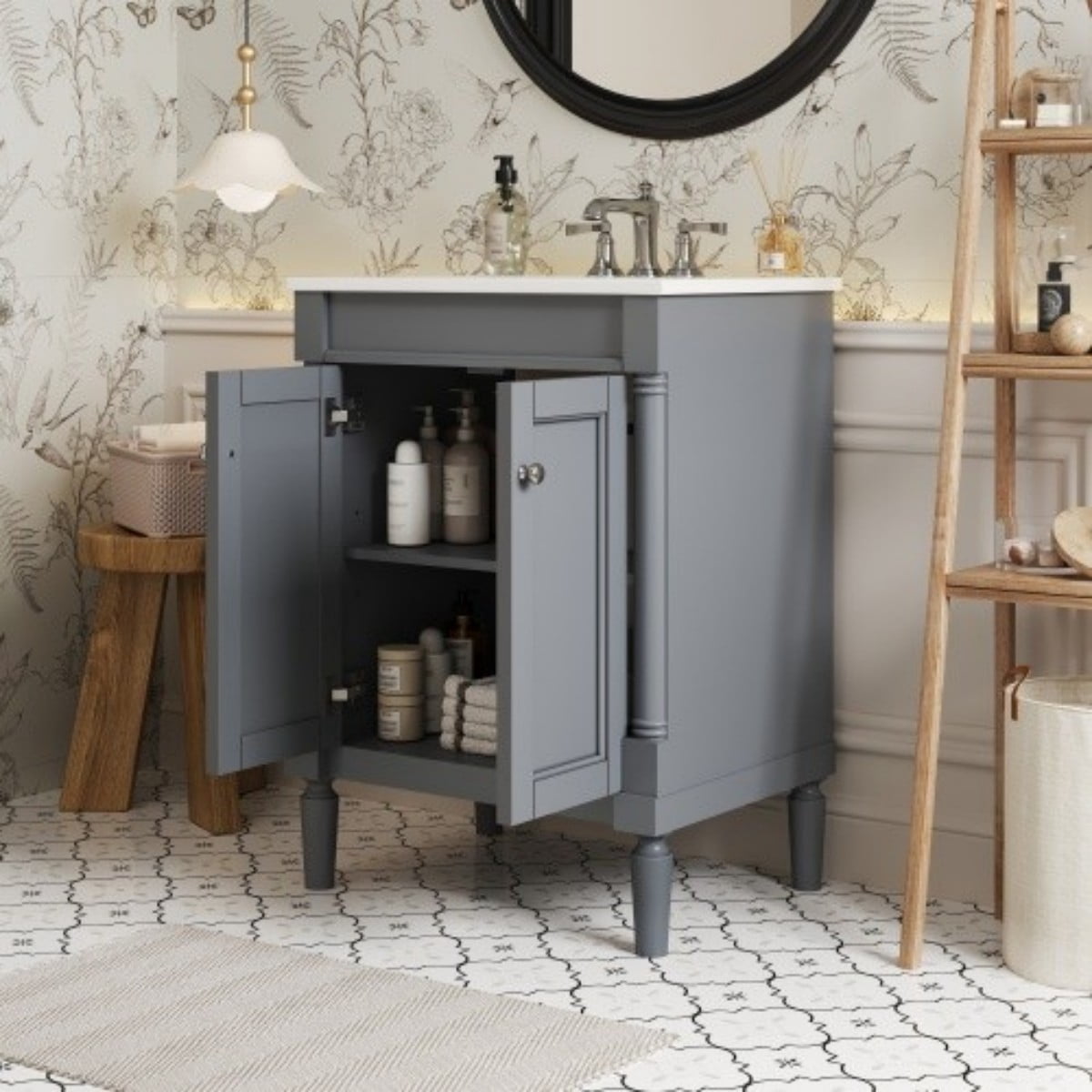 24" Bathroom Vanity with Sink, Modern Bathroom Vanity Cabinet with Ceramic Top Sink, Freestanding Storage Cabinet with 2 Doors, Solid Wood Frame, Grey