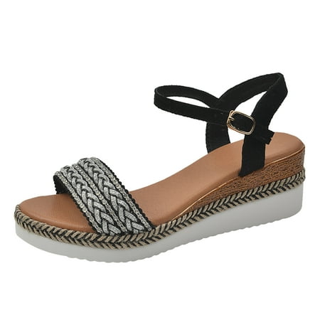 

Fandiiiii Womens Comfy Heels Ladies Summer Retro Weave Colour Block Large Size Buckle Slope Heel Beach Sandals
