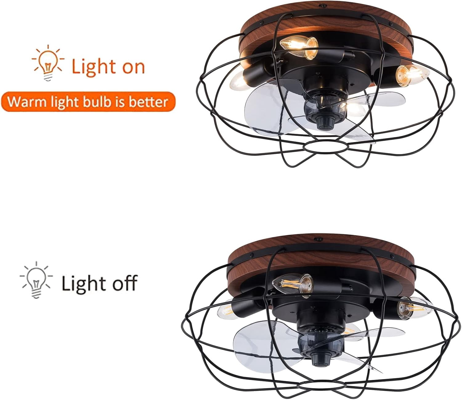 18" Black Metal Caged Ceiling Fan with Remote Modern Small Indoor Fan Light Kit Enclosed Flush Mount Fan for Bedroom Living Room, E26x4 Bulbs NOT Included