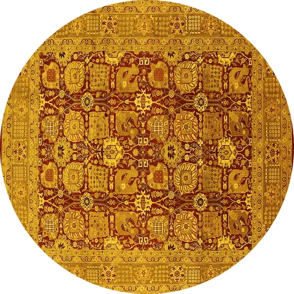 Ahgly Company Machine Washable Indoor Round Oriental Yellow Industrial Area Rugs, 3' Round