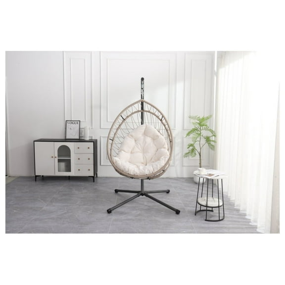 Outdoor Egg-shaped Hanging Chair with Stand, Patio Egg-shaped Swing Chair, Indoor Rocking Chair, Outdoor Hammock Egg-shaped Chair, Beige