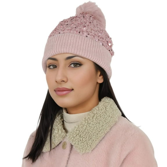 Sparkly Sequin Beanie Hat with Faux Fur Pom Pom Knit Skull Cap for Women- Pink