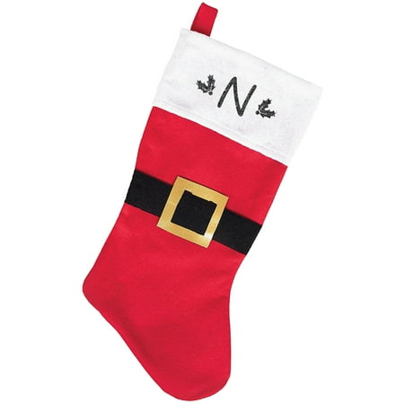 Santa Christmas Stocking - Monogrammed Christmas Stocking, Red and White Belted Santa with Kids Glitter Initial