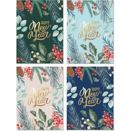 Happy New Year Cards Set with Envelopes - 24 Pack of Thick 300gsm Holiday Decor Sheets, Greeting Cards, Joyful Holidays & Thank You Messas
