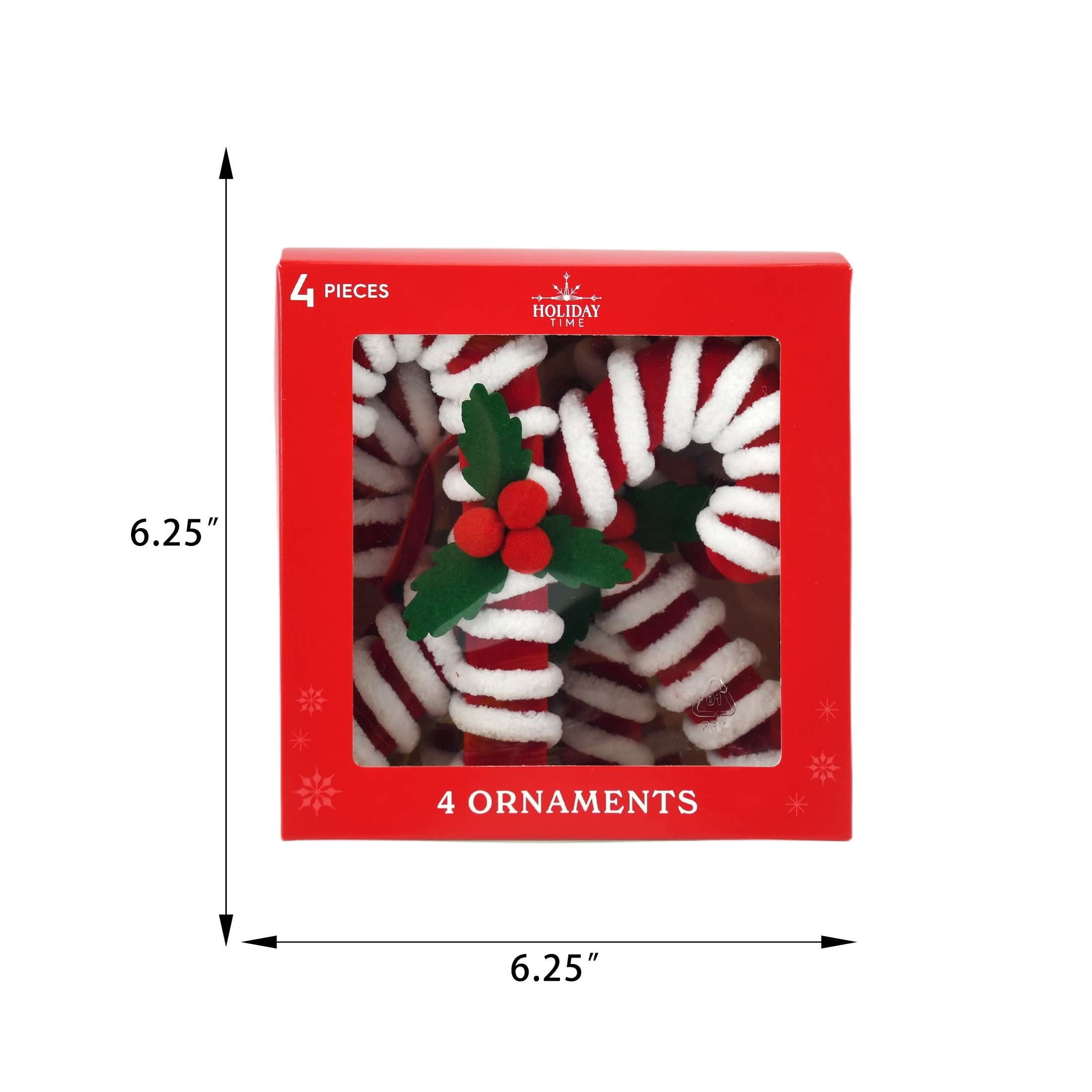 4-Count Red and White Fuzzy Candy Cane Christmas Ornaments, 6.5", by Holiday Time
