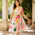 thumbnail image 3 of Women's Tropical Floral Satin Dress Crew Neck Short Puff Sleeve Self Tie Bow Waist Pleated Midi Dress, 3 of 6