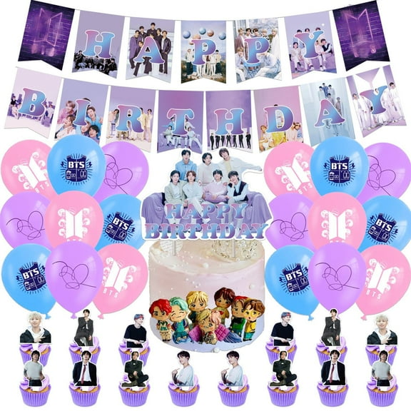 BTS Bangtan Boys Themed Birthday Party Decor Supplies Kits, Including Banner, Balloons, Cake Toppers, Cupcake Toppers.