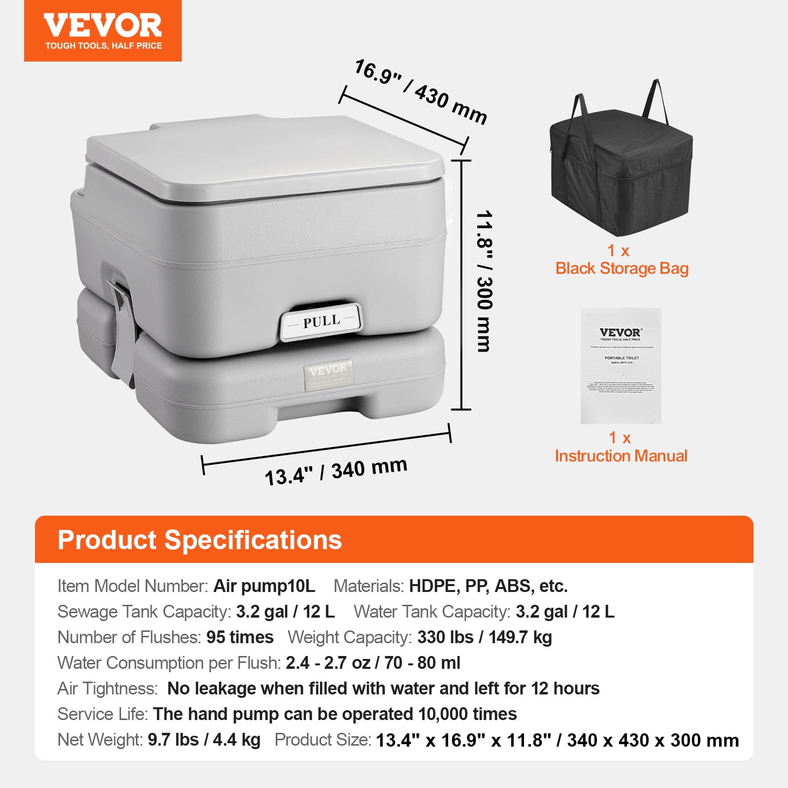 VEVOR Portable Camping Toilet, RV Toilet with 3.2 Gal Waste Tank, Push-Button Pressurized Flush Commode, Leak-proof and Odourless Travel Toilet for Adults Kids Camping Car