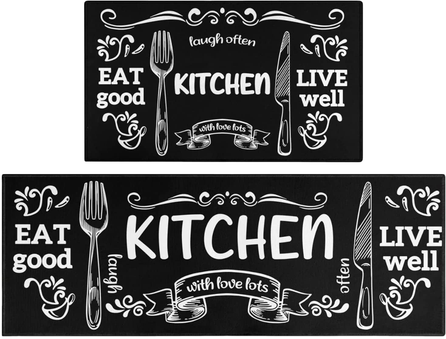 2 Piece Kitchen Rug Set NonSlip Black Rubber Backing Mat Throw Rug for